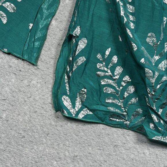 Hale Bob Top Womens Small Teal Silk Blend Metallic Gold Leaf Cabana Beach Tunic - Picture 6 of 14